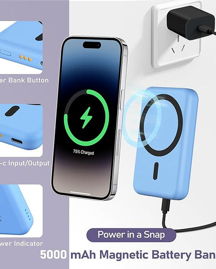 3 in 1 Wireless Charging Station: 5000mAh Removable Power Bank Charger Stand for Phone/Watch/Air Pods - Portable Magnetic Battery Pack for Air 17 16 15 14 13 12 Series Blue