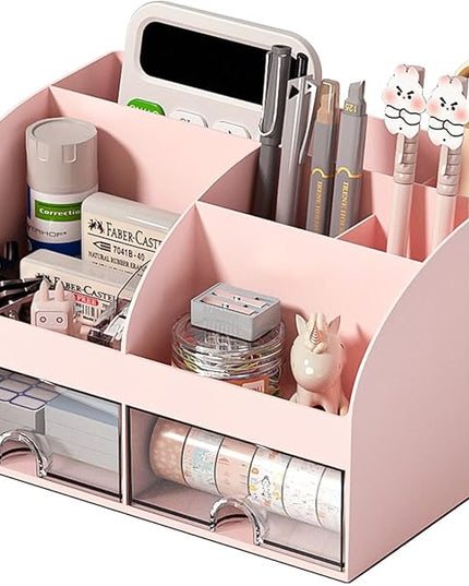 COMFYROOM Desk Organizer with 6 Compartments and 2 Drawers, Plastic Makeup Organizer, Pen Holder for Desktop Storage, Desk Organization for School, Home, Office Supplies (Pink)