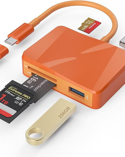 SD Card Reader, 5 in 1 USB-C & USB Card Adapter with SD/MicroSD/MS and Dual USB-A Ports Memory Card Reader for iPhone 17/16/15 Pro Max iPad MacBook Pro/Air M4/M3 Android Phone/Tablet PC (Orange)