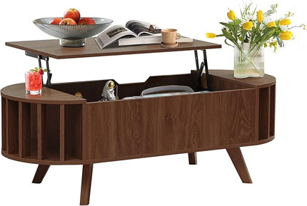 Janmer Home Small Lift Top Coffee Table with Storage, 47.3" Mid Century Modern Curved Coffee Table, Oval Center Table with Lift Tabletop for Living Room, Office (Walnut)