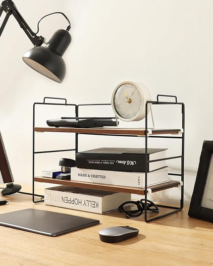 KATHY&BOB Wood Desk Shelf Organizer, 2-Tier Desktop Supplies Storage Rack, Adjustable Stackable Desk Shelf for Office, Kitchen, Bathroom, 15.75"*12.2"*7.87"