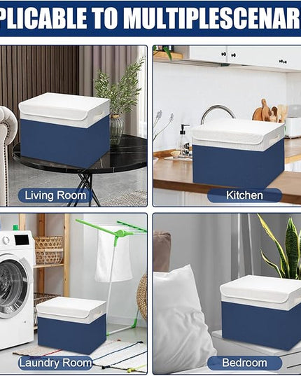 Large 17" 42 Quarts Collapsible Stackable Storage Bins with Lids [3-Pack] Foldable Fabric Linen Storage Boxes Cube, Closet Organizer Baskets with Label for Home (16.7 x 12 x 12", Navy Blue & White)