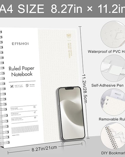 EMSHOI Lined Journal A4 Spiral Notebook, College Ruled Notebook, 300 Pages/150 Sheets, 100gsm Acid-Free Paper, Waterproof Softcover Notebook for School, Work, Writing, 8.27" × 11.2" - Transparent