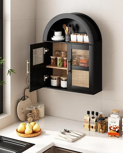 RUSTOWN Arched Bathroom Wall Cabinet, Rattan Medicine Cabinet with 2 Glass Doors, Farmhouse Over The Toilet Storage Cabinets with Adjustable Shelves, 3-Tier Wall Mounted Cabinets