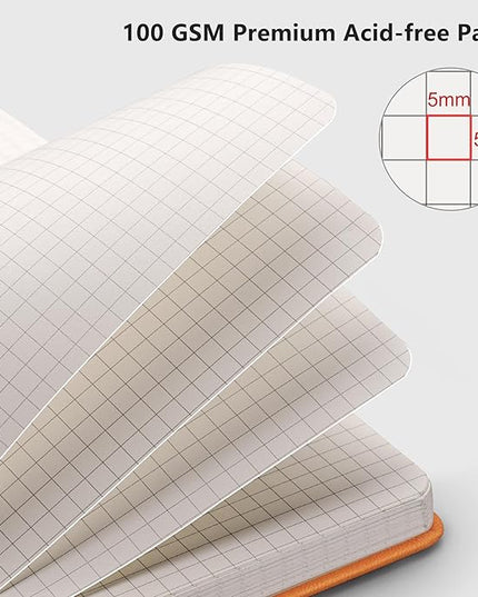 RETTACY Graph Grid Paper Notebook, 192 Pages, A5 Medium Size (5.7'' x 8.3''), 5 Squares per Inch, Leather Hardcover, 100 GSM Thick Paper, for School, Students, Math, Engineering (Orange)