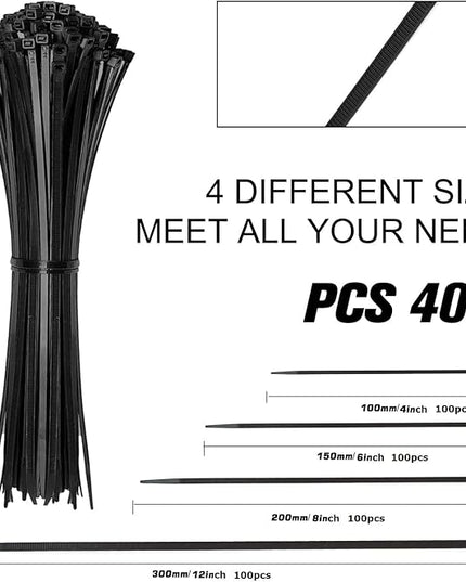 Cable Zip Ties,400 Pack Black Assorted Sizes 12+8+6+4 Inch,Multi-Purpose Self-Locking Nylon Cable Cord Management,Plastic Wire Ties for Home,Office,Garden,Workshop. By HAVE ME TD