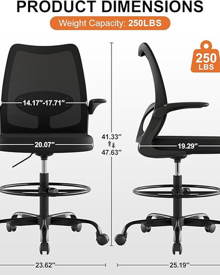 Tall Office Chair for Standing Desks,High Desk Drafting Chair with Adjustable Footrest Ring,Ergonomic Lumbar Support,Flip-Up Armrests for Home Office,Black