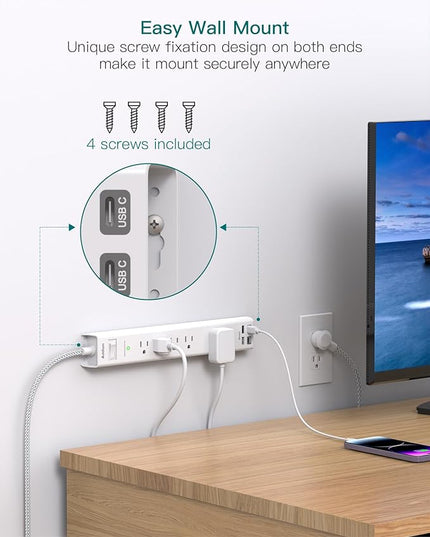 2 Pack Surge Protector Power Strip - 5 Widely Spaced Outlets 4 USB Ports, 5Ft Extension Cord, Flat Plug, Wall Mount Outlet Extender, Desk Charging Station for Home Office College Dorm Room Essentials