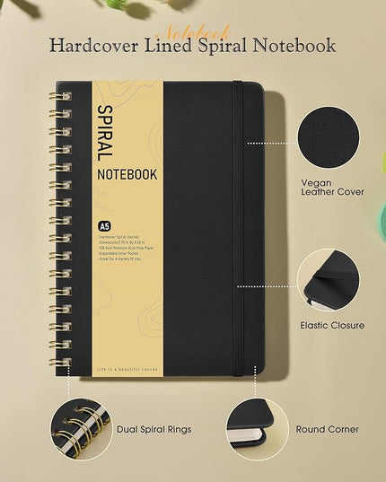 Dotted Spiral Journal Notebook, A5 Hardcover Spiral Journals for Women Men, 100 GSM Dot Grid Paper Notebooks, 150 Pages Spiral Bullet Dotted Notebook for Writing Note Taking 5.75" x 8.38" Black