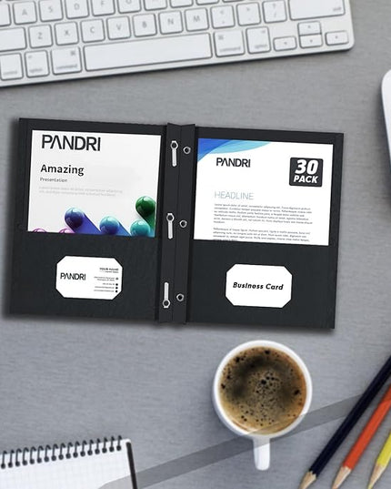 Two Pocket Folders, PANDRI 30 Pack Two Pocket Folders with Prongs, 3 Prong Folders Designed for Office and Classroom, Letter Size Black