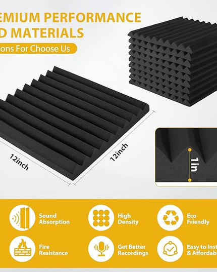 Acoustic Foam Panels Sound Absorbing 12 Pack - 1" X 12"X 12" Sound Proof Panels Noise Reducing for Walls, High Density Sound Deadening Panels Black Wedge for Studio Recording & Office & Home