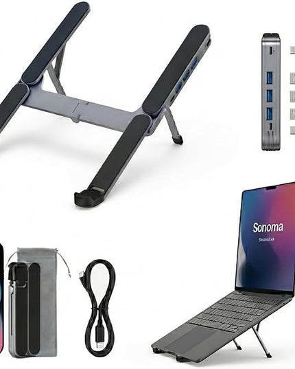 YUATAUY Ultra Compact Laptop Stand with 4-Port USB Hub for Desk, Tablet, Foldable Portable for Travel, Library, Home, Office, Cafe, 6-Level Ergonomic Adjustable Aluminum Holder for 10-16" Laptops