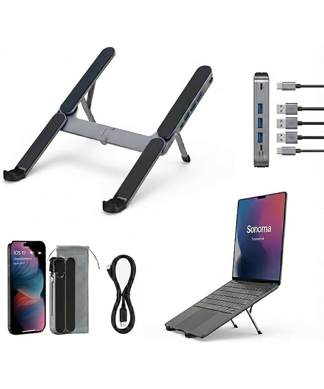YUATAUY Ultra Compact Laptop Stand with 4-Port USB Hub for Desk, Tablet, Foldable Portable for Travel, Library, Home, Office, Cafe, 6-Level Ergonomic Adjustable Aluminum Holder for 10-16" Laptops