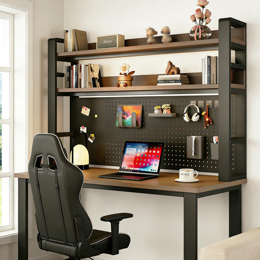 LINLIUA 2/3/4 Tier Desk Hutch, Metal Desk Shelf with Pegboard, Desk Shelves for Top of Desk, Freestanding Desktop Bookshelf, Desktop Shelf Organizer Display Rack for Dorm Office and Home