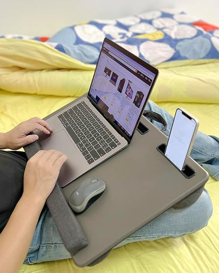 HLead Lap Desk Home Office Lap Desk Portable Laptop Desk for Left Right - Handers with Whole Mouse Pad Wrist Pad Dual Cushion Phone Tablet Slots Fits Up to 17 Inch Laptops