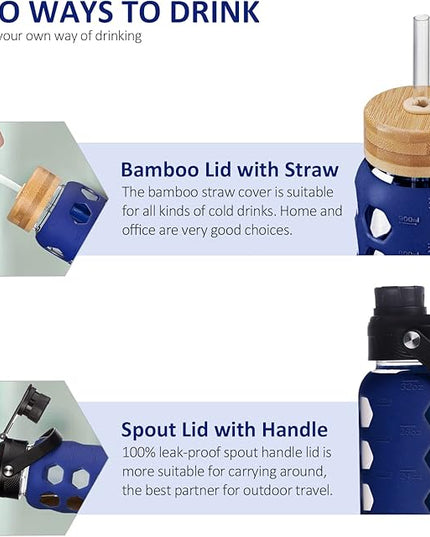 MUKOKO 32oz Glass Water Bottles with 2 Lids-Handle Spout Lid&Bamboo Straw Lid, Motivational Water Tumbler with Time Marker Reminder and Silicone Sleeve, Leakproof-Blue-1 Pack