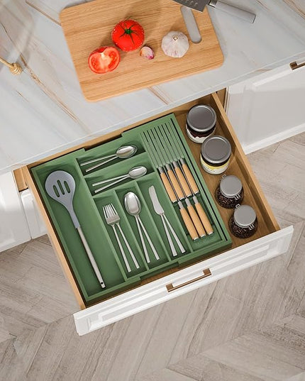 Bamboo-Silverware-Drawer-Organizer-Kitchen, Expandable Utensil Holder Cutlery Tray Flatware Organization Adjustable Wood Tableware Dividers Storage (with Removable Knife Block)(Grayish Green)