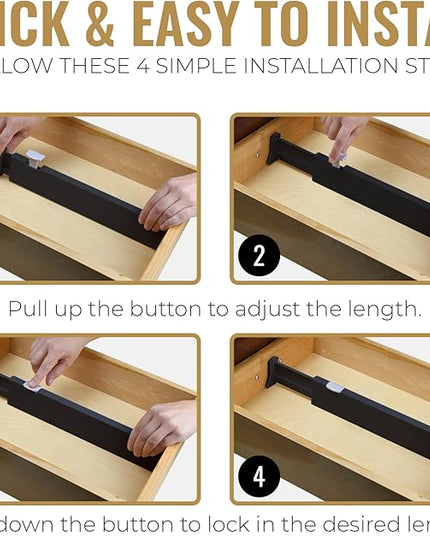 RAPTUROUS Adjustable Drawer Dividers 8 Pack, 4” High, 11-17” Long, Dresser Drawer Organizer for Bedroom, Closet, Kitchen, Nursery, Office, Strong Hold, Soft Foam Edges, Black