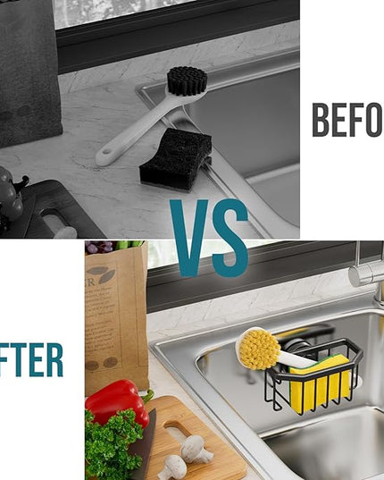 TAILI Sponge Holder with Strong Suction Cup, Dish Sponge Caddy Inside Sink Removable, Rustproof Aluminum for Sponges, Brushes, Stoppers and Scrapers - Black