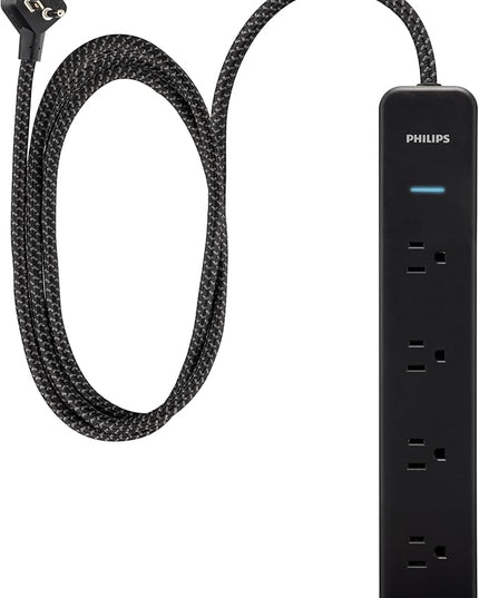 PHILIPS 4-Outlet Surge Protector Power Strip, 450J, Adapter-Spaced, 4ft Braided Cord, Outlet Extender, Extension Cord, for Home School or Office, Black, SPP3503B/37