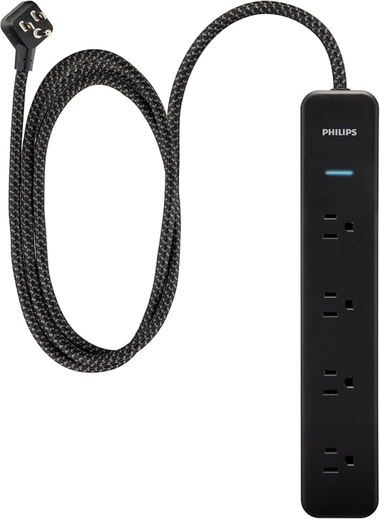 PHILIPS 4-Outlet Surge Protector Power Strip, 450J, Adapter-Spaced, 4ft Braided Cord, Outlet Extender, Extension Cord, for Home School or Office, Black, SPP3503B/37