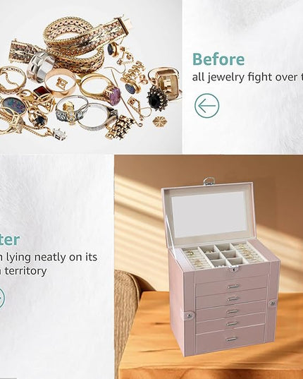 BOOVO Jewelry Box For women, 6 Layer Large Jewelry Organizer With Mirror, Multi-Function Storage Box With Lock, Accessory Holder With 5 Drawers, For Earrings Necklace Ring Bracelet (Rose Gold)