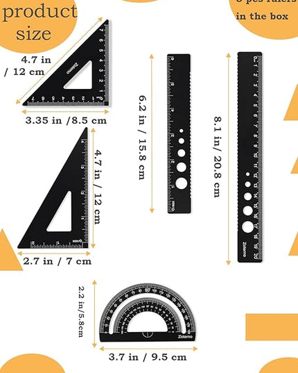 Zotemo Metal Geometry Set, 5-Piece Aluminum Ruler, Math Drafting Ruler Kit Includes Protractor, Triangle Rulers, Straight Rulers-Math Measurement Tools for School and Office Supplies (Black)