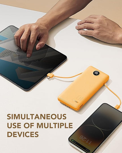VRURC Portable Charger Built-in Cables and AC Wall Plug, USB C Power Bank 10000mAh, Travel Battery Phone Charger Compact Lightweight External Battery Pack for Smart Phones, Tablets etc-Orange