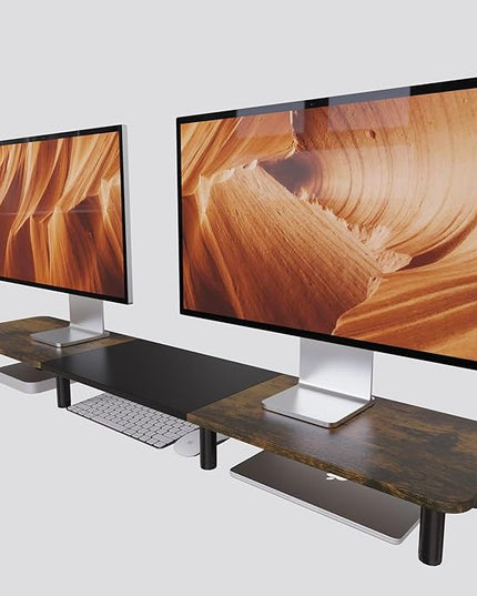 43.7" Extra Long Dual Monitor Stand Riser, Wood & Steel Monitor Stand for 2 Monitors, Wide TV Stand, Desktop Riser for Desk Organization, Home Office、Laptop,Printer,TV (Vintage black)
