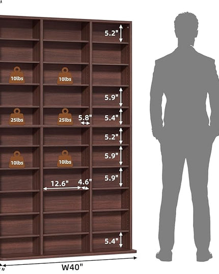 LELELINKY 11 Tier Tall Display Cabinet, Walnut Media Storage Cabinet with Adjustable Shelves, Free Standing DVD Organizer Shelf, Floor multimedia storage manga bookshelf for Living Room & Home Office.