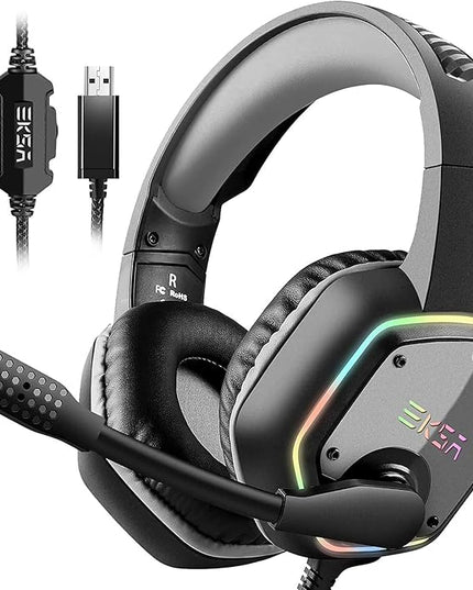 EKSA E1000 USB Gaming Headset for PC, Computer Headphones with Microphone/Mic Noise Cancelling, 7.1 Surround Sound, RGB Light - Wired Headphones for PS4, PS5 Console, Laptop, Call Center