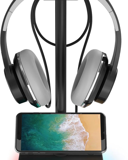 KAFRI RGB Headphone Stand with USB Hub Desk Gaming Headset Holder Hanger Rack with 1 USB2.0 Extension Charging Port Extender Cord - Suitable for Gamer Desktop Table Game Earphone Accessories, Black