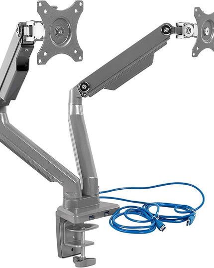 Mount-It! Dual Monitor Arm Mount Desk Stand | 2 x 3.0 USB Ports | Articulating Mechanical Spring Height Adjustable | Fits Two 24 27 29 30 32 Inch VESA 75 100 Compatible Screens | C-Clamp and Grommet