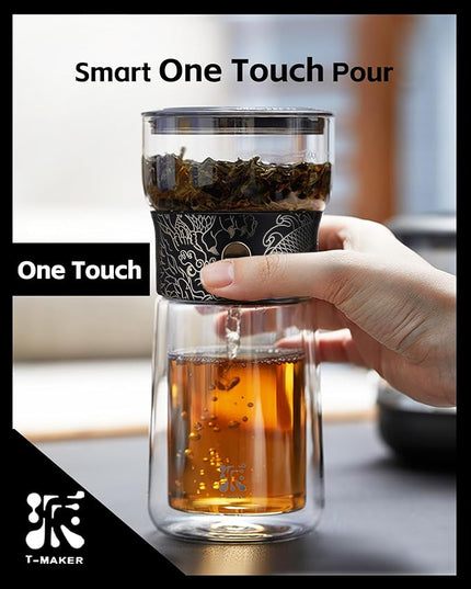 ZENS Cool Glass Teapot with Infuser, Smart One Touch Tea Maker for Loose Tea Diffusers with Insulated Mug and Portable Tea Kits, Enchanted Teapot Alternatives for Tea Lover Gifts