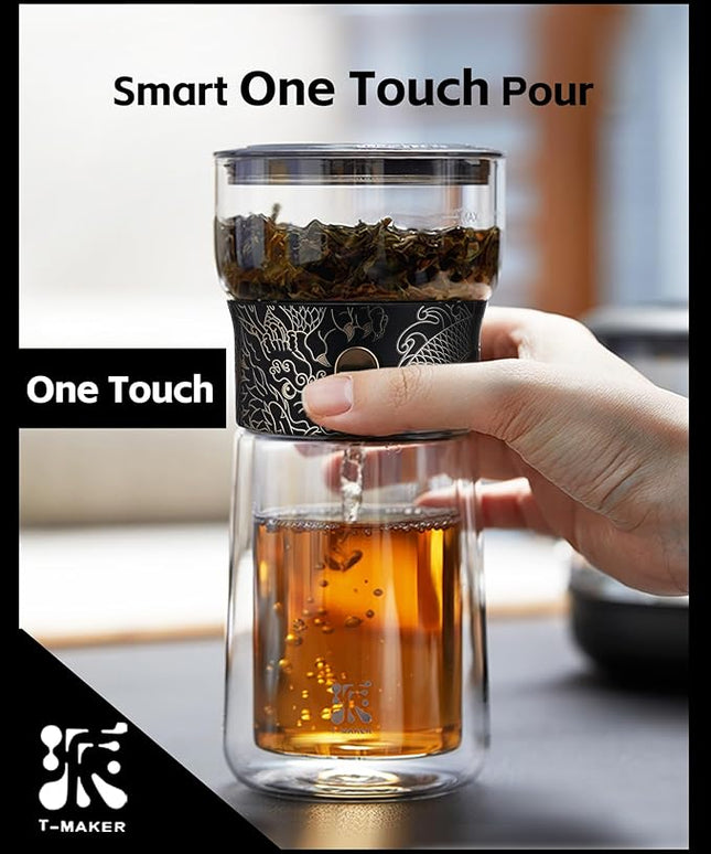 ZENS Cool Glass Teapot with Infuser, Smart One Touch Tea Maker for Loose Tea Diffusers with Insulated Mug and Portable Tea Kits, Enchanted Teapot Alternatives for Tea Lover Gifts