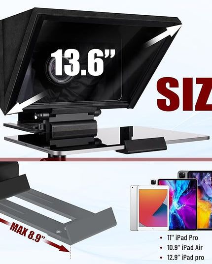 i7 /14-inch teleprompter with Remote Control, Adjustable Camera mounting Platform (Aluminum), rotatable Tempered Optical Glass, Carrying case Included.