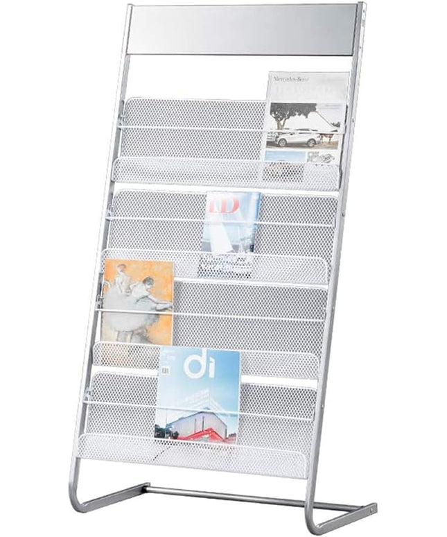 GENMO Floor-Standing Magazine Rack, Carbon Iron Steel, Silver, 4 Large Shelves, Convenient Installation, Suitable for Reception Areas