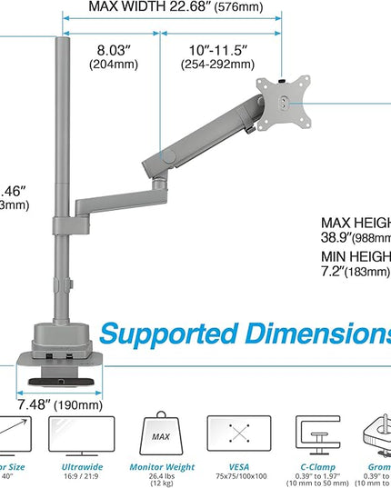 AVLT Single 40 Inch Monitor Arm Pole Top Mount with USB-C USB-A Ports-Gray, Supports 26.4 lbs (12kg), Ultrawide Screen fit, VESA Compatible, Tilt, Swivel, Rotate, Ergonomic Adjustable Height, Durable