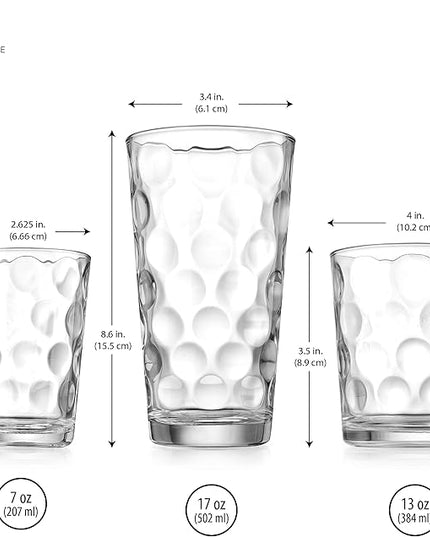 Home Essentials & Beyond Glassware Set 18 Piece Mixed Drinkware Set. 6 Highball Tumblers-17 oz., 6 Rock Whiskey-13 oz., and 6 Juice-7 oz. All Size Glass Cups Drinking Glasses. (Design on Inner Glass)