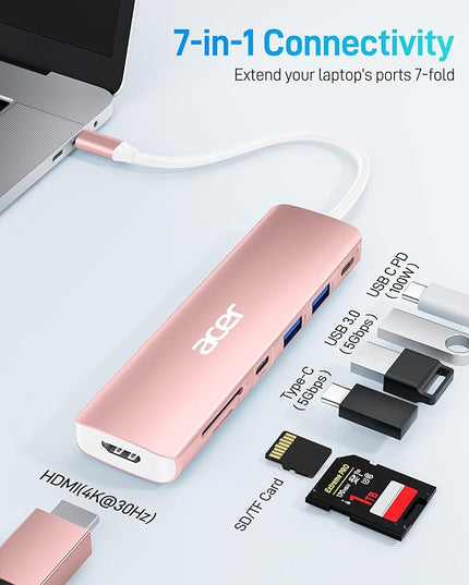 Acer USB C Hub, 7 in 1 USB-C to HDMI Multi-Port Adapter, 2 USBA 3.1 GEN1 and 5Gbps Type-C Data Port, 4K HDMI Port, PD 100W Charging, SD Card Reader for iPad Pro MacBook Pro Laptops and More(Pink)