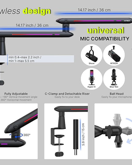 IXTECH RGB Low Profile Boom Arm for Mic, Adjustable Microphone Arm Stand with Desk Mount Clamp, Rotatable Microphone Boom Arm Mic Stand with Cable Management for Podcast Streaming Gaming Studio.
