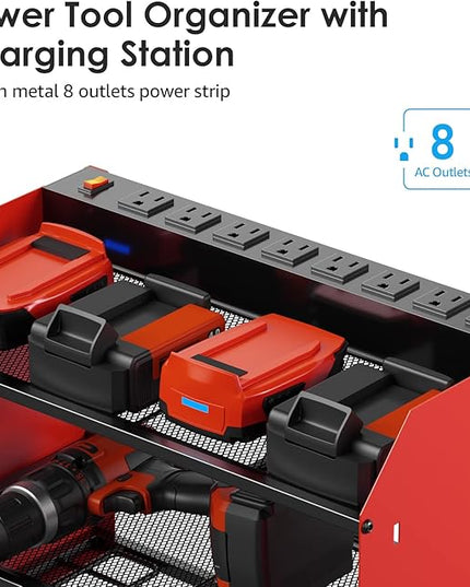 CCCEI Modular Power Tool Organizer Wall Mount with Charging Station. Garage Drill Storage Shelf with Hooks, Heavy Duty Rack, Tool Battery Holder Built in 8 Outlet. Gift for Men. Red, 1 Pack.