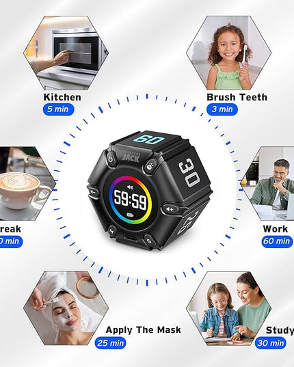 Jack Pomodoro Timer - Productivity Cube, Visual Focus Timer, Mute & Vibration & Adjustable Sound Alert, for Office, ADHD, Study, Work, 3/5/10/25/30/60min & Custom Countdown - Black