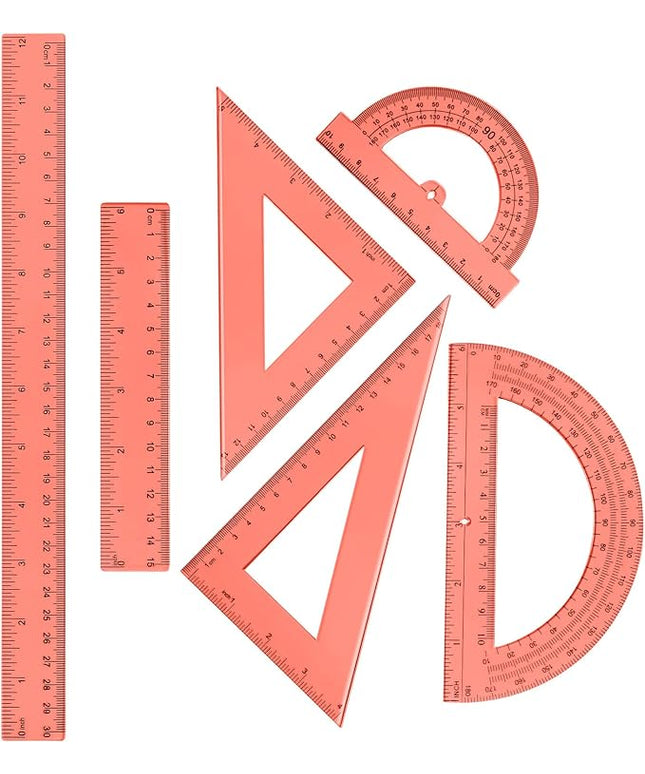 Tenare 6 Pcs Plastic Ruler Math Set Includes 12 Inch 6 Inch Straight Protractor Triangle Geometry Transparent Math Ruler Measuring Tools for School Office Home (Orange)