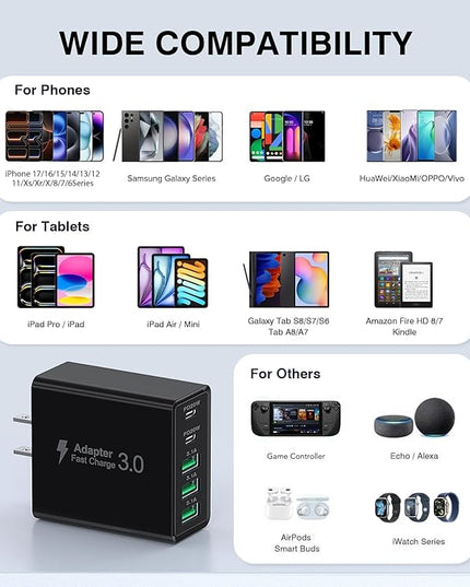 [2-Pack] USB C Wall Charger, 60W USB C Charger Block 5-Port PD Fast Charging Blocks,2USB C+3USB A Multiport Plug,Type C Power Adapter Brick Cube for iPhone 17/16/15/14/13/Pro,Samsung,for Switch（Black）
