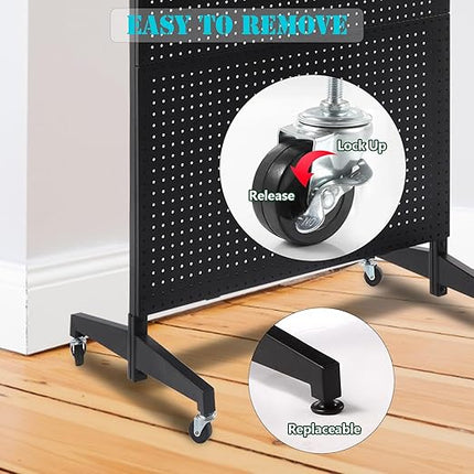 3'x 6' Pegboard Display Stand with T-Base, Metal Peg Board Display Stand with Wheel, Standing Pegboard Display with 20 Pieces Hooks, Black