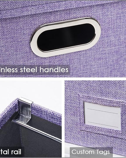 PRANDOM File Organizer Box - Set of 2 Collapsible Decorative Linen Filing Storage Hanging File Folders with Lids Office Cabinet Letter Size Purple (14x9.3x10.8 inch)