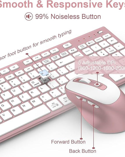 FENIFOX Wireless Keyboard and Mouse, Rechargeable USB C Combo Silent Quiet Compact Full Size Flat with Number Pad Soft Cover for Mac MacBook iMac Windows PC Laptop Computer Office - Pink & Rose Gold