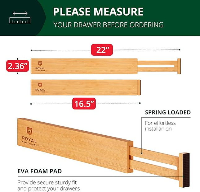 ROYAL CRAFT WOOD Adjustable Bamboo Drawer Dividers Organizers (17-22") - Expandable Drawer Organization Separators for Kitchen Utensils, Clothes, 4-Pack
