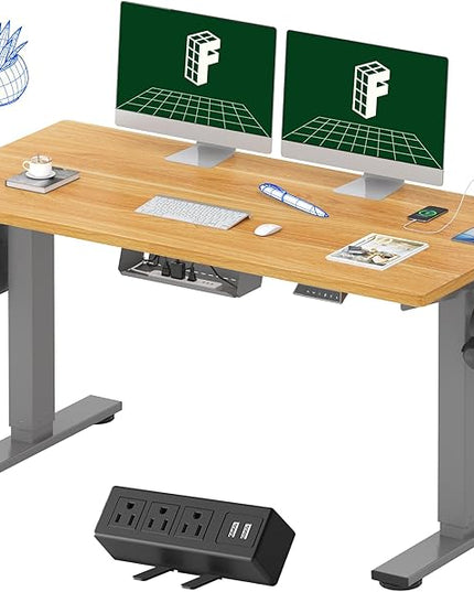 FLEXISPOT EN2 Whole-Piece Standing Desk with Clamp Power Strip, 55 x 28 Electric Stand Up Height Adjustable Desk with Cable Management (Gray Frame + 55" Maple Top, 2 Packages)